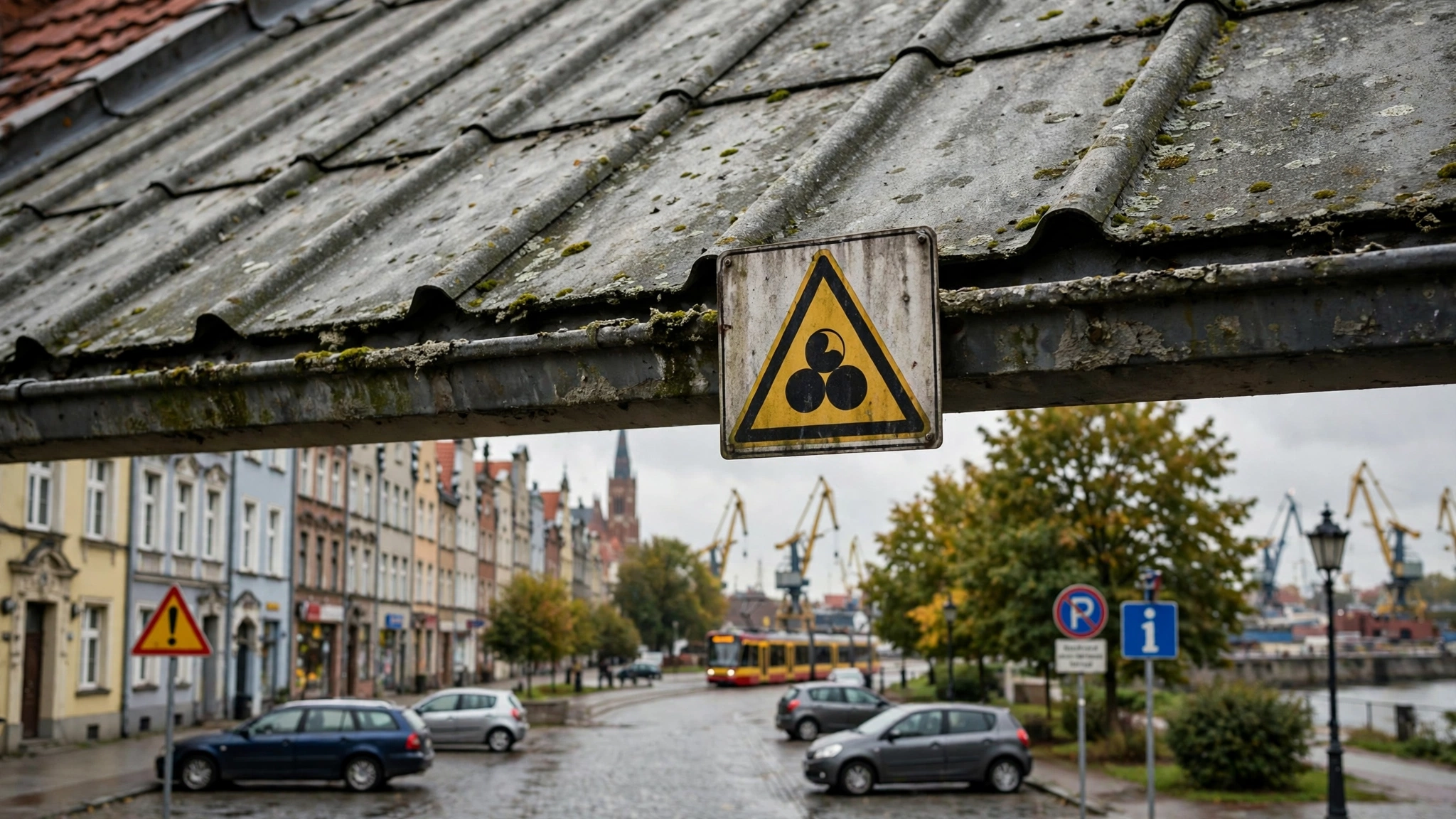 Dach pokryty płytami eternitowymi z widocznymi oznaczeniami azbestu