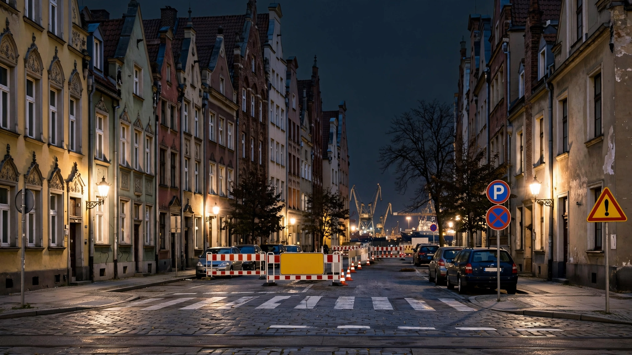 Kamienice przy ulicy Ogarnej w centrum Gdańska nocą