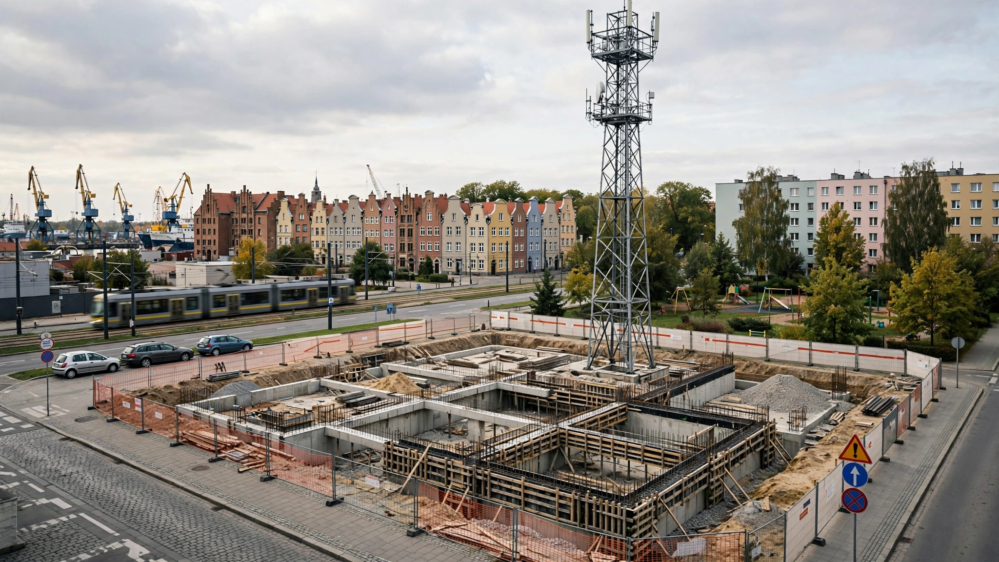 Plac budowy bloku gazowo-parowego w Gdańsku z widocznymi fundamentami i pylonem komunikacyjnym