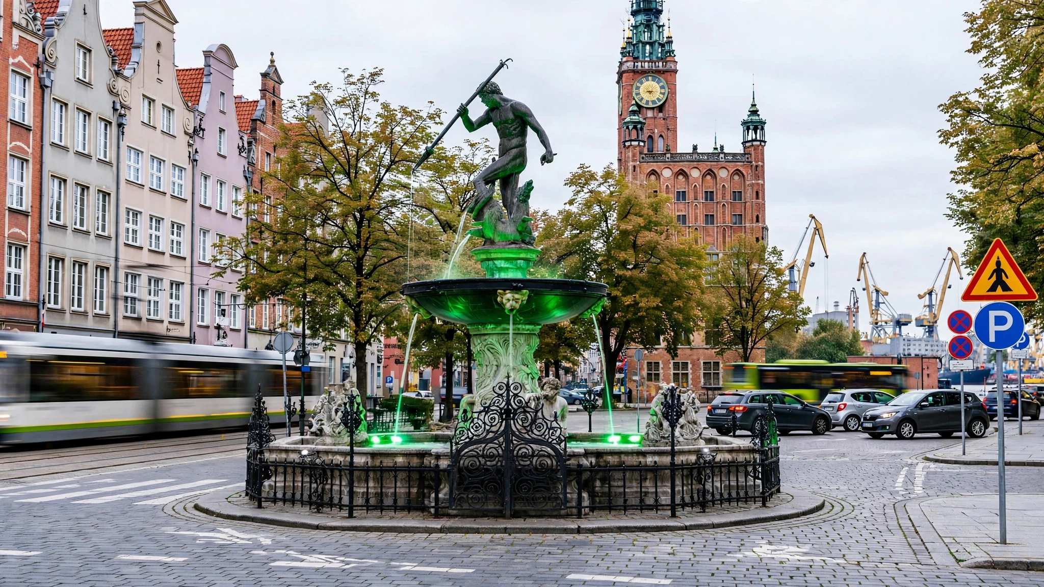 Fontanna Neptuna w Gdańsku podświetlona na zielono w Światowym Dniu PANS/PANDAS