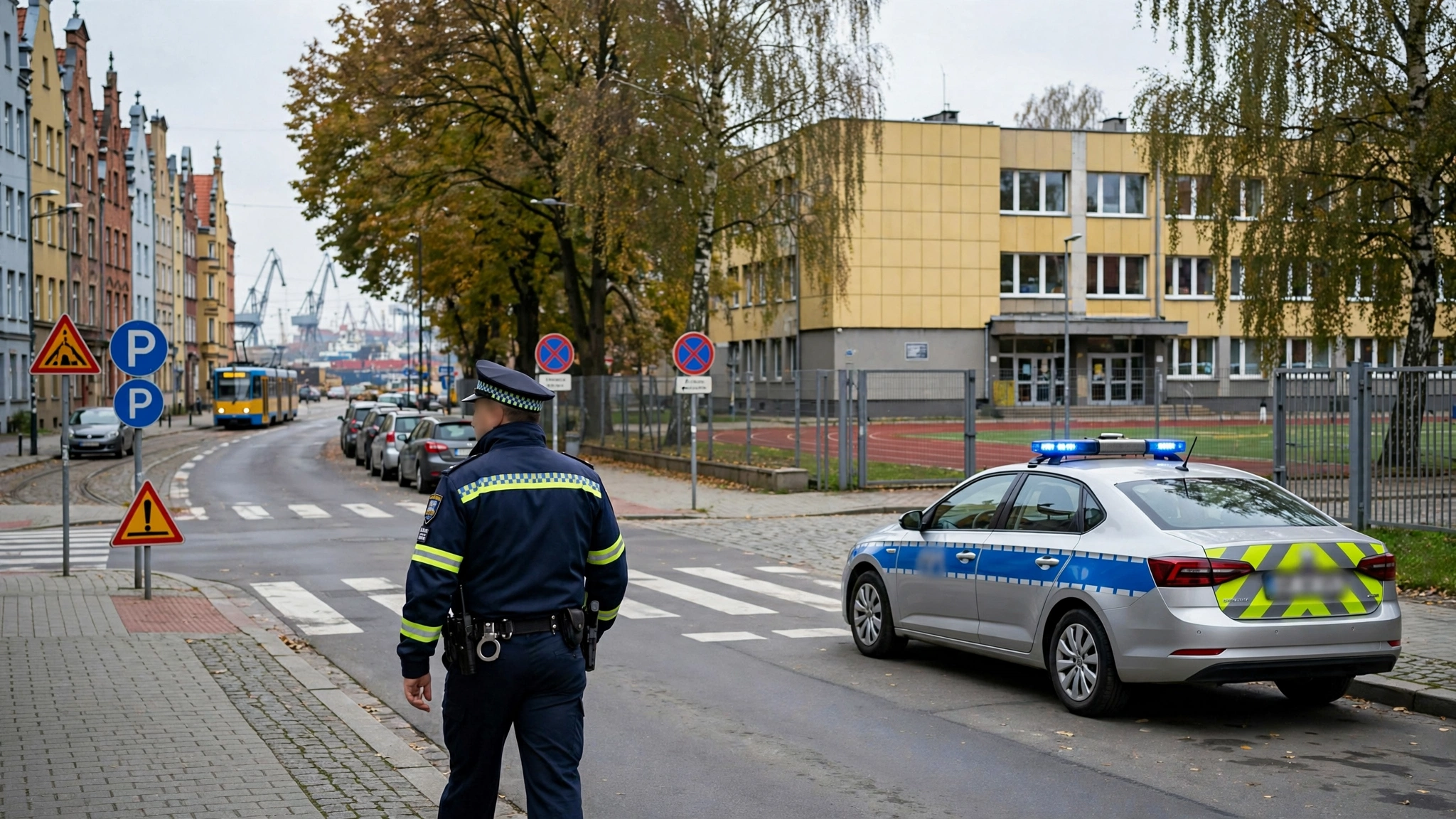 Policjant patrolujący ulicę przed budynkiem szkoły w Gdańsku
