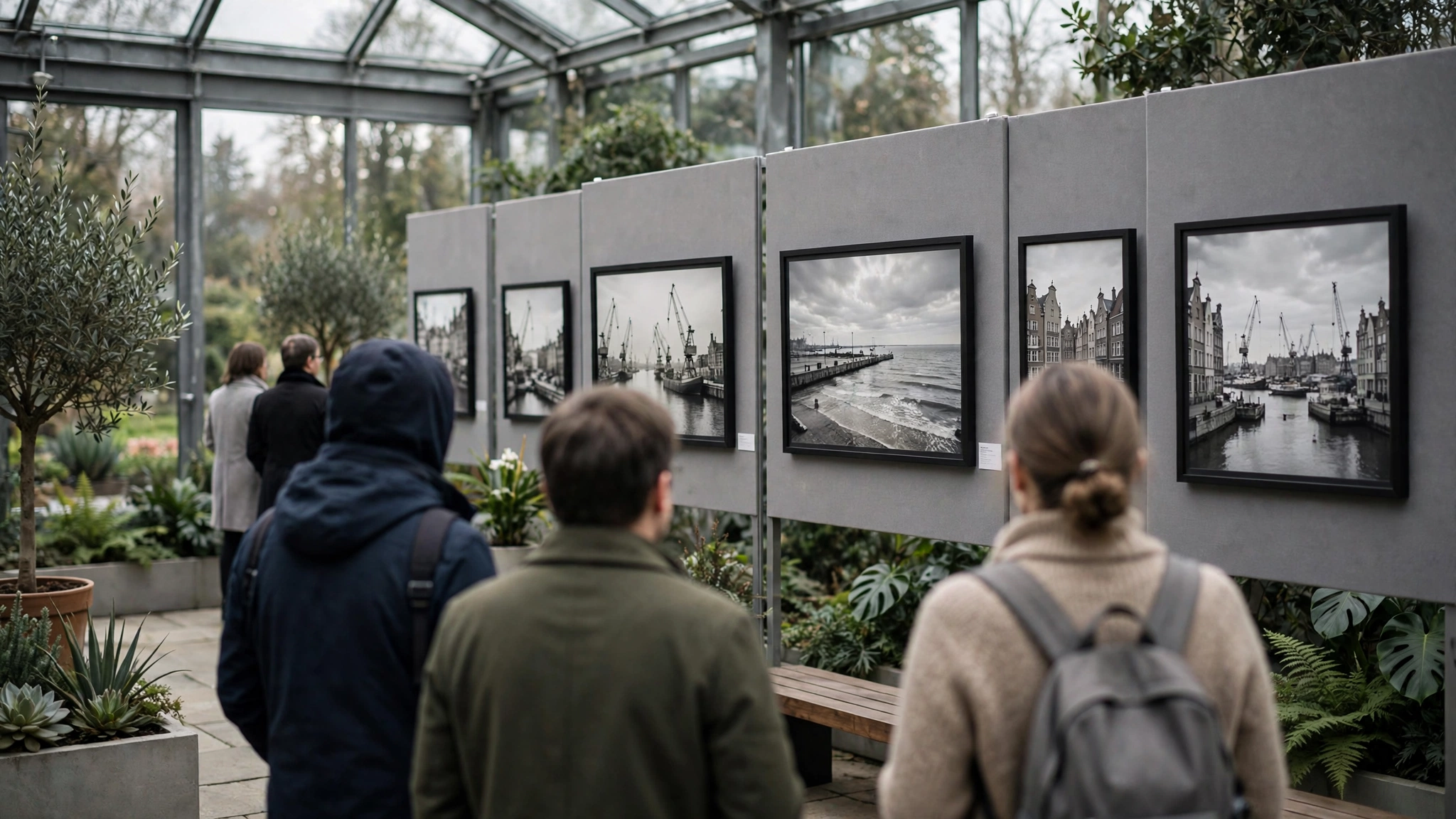 Zwiedzający oglądają nagrodzone fotografie na wystawie Gdańsk Press Foto w ogrodzie zimowym ECS