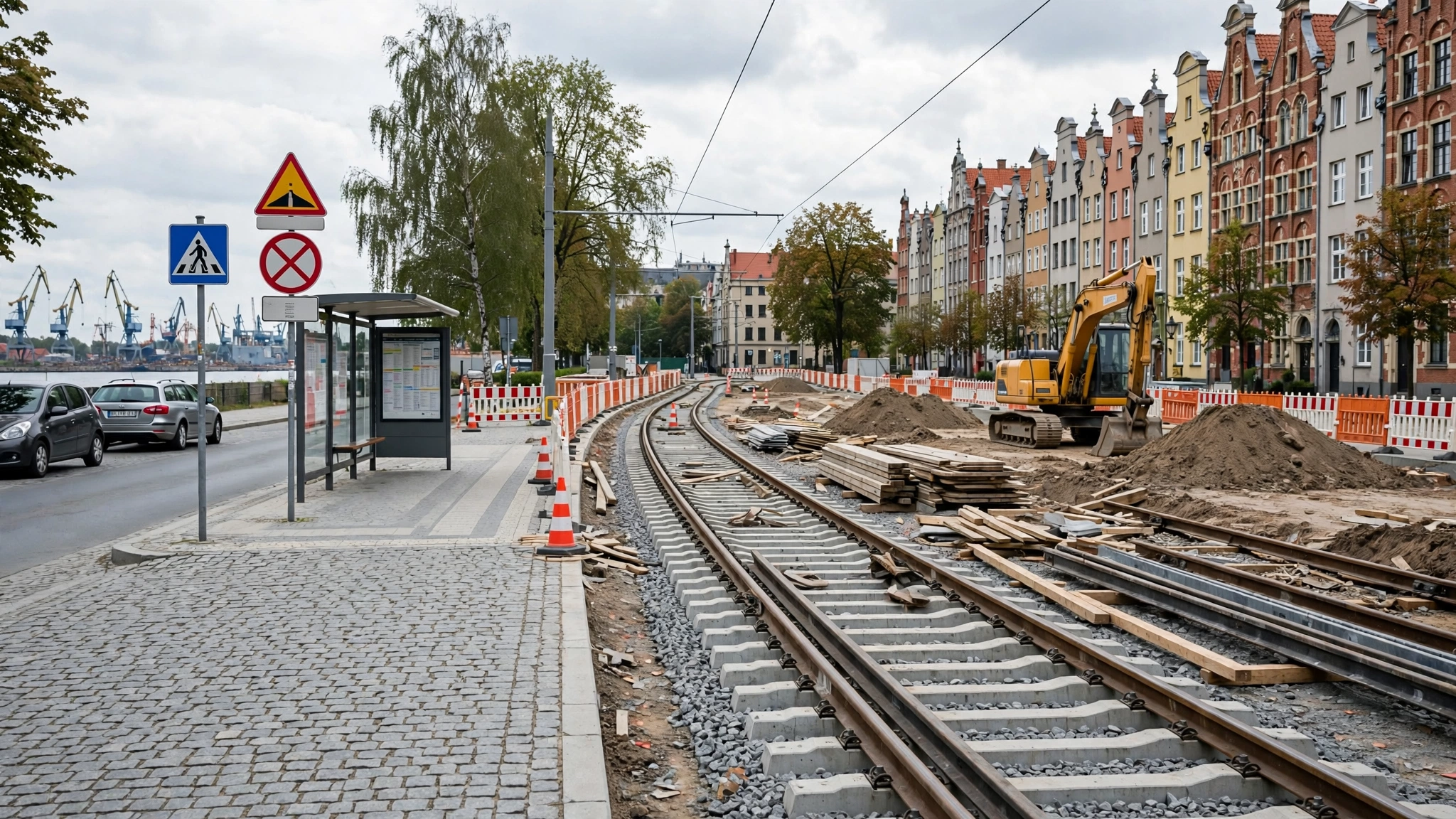 Plac budowy nowej linii tramwajowej w Gdańsku z widokiem na szyny i maszyny budowlane