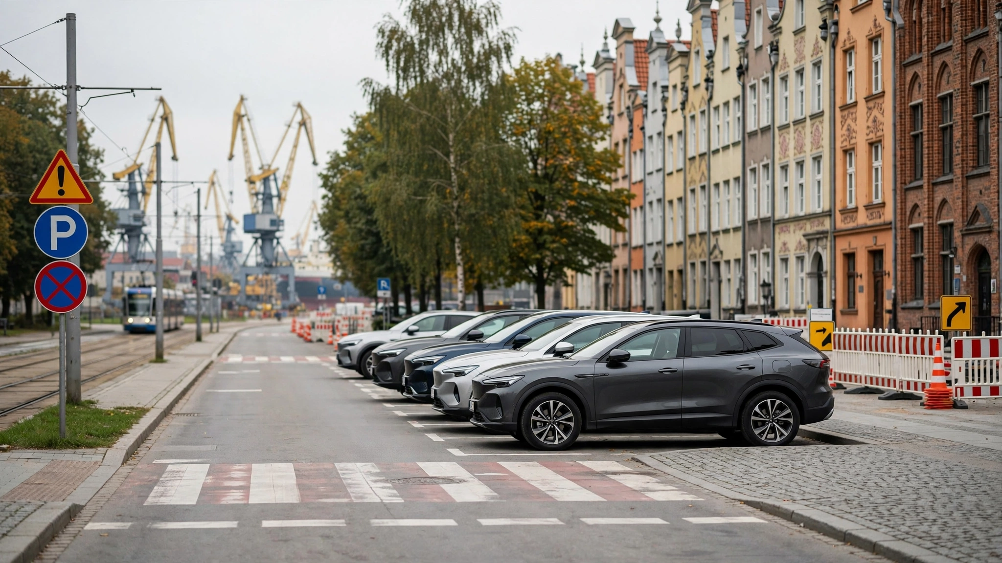 Rząd zaparkowanych SUV-ów i aut hybrydowych na ulicy w Trójmieście
