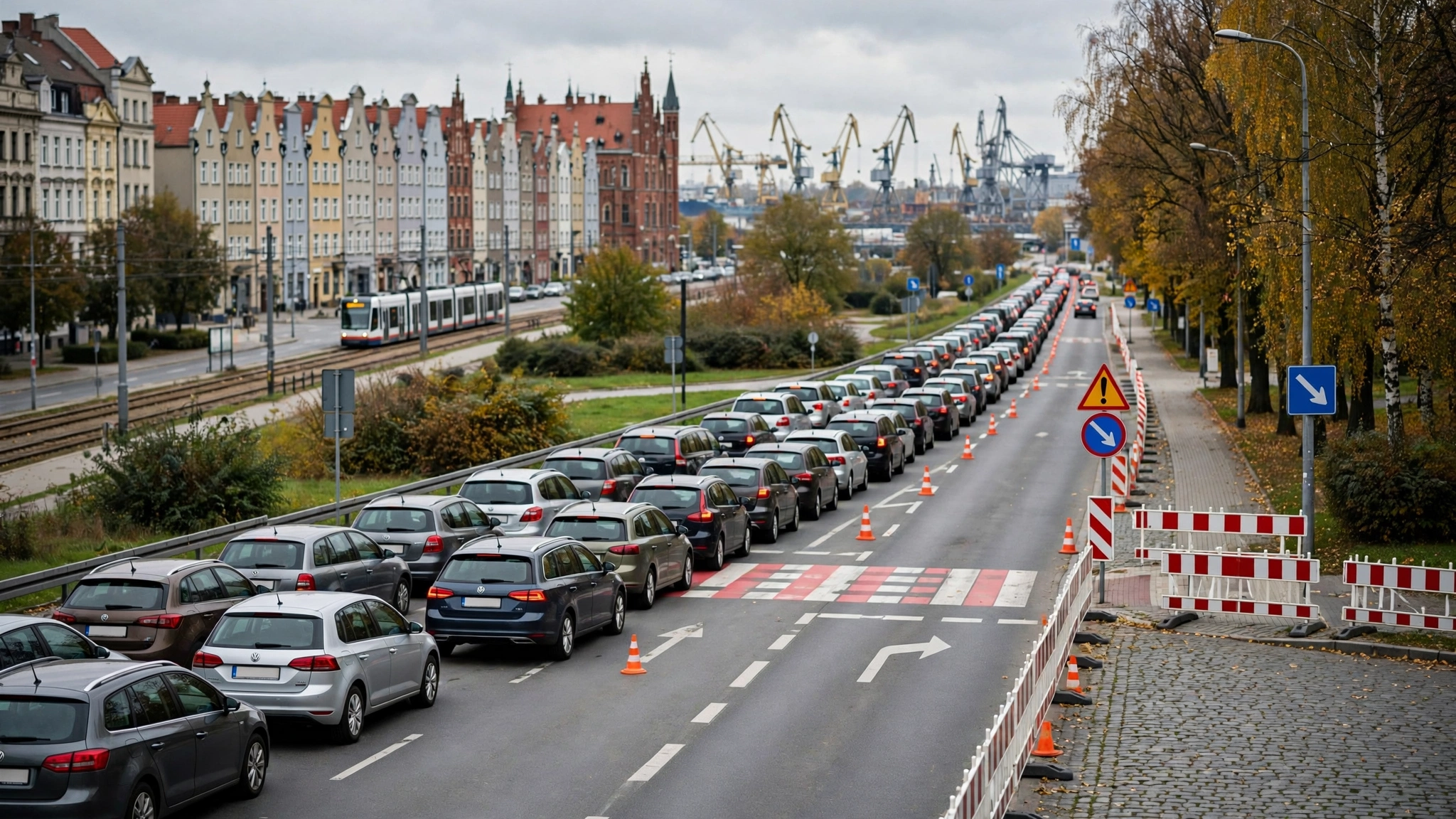 Korek samochodów na zjeździe z drogi ekspresowej S6 na węźle Gdańsk Południe