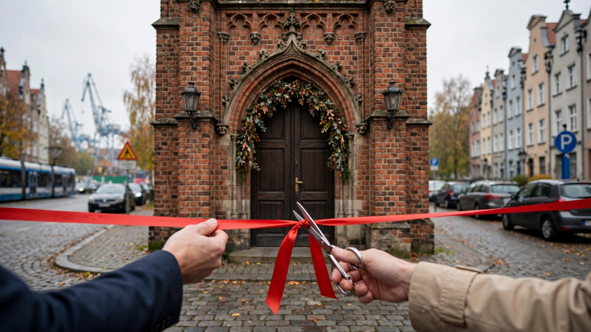 Przecięcie wstęgi przy wejściu do historycznego Urzędu Pocztowego nr 1 w Gdańsku podczas otwarcia Muzeum Poczty Polskiej, 5 października 2026