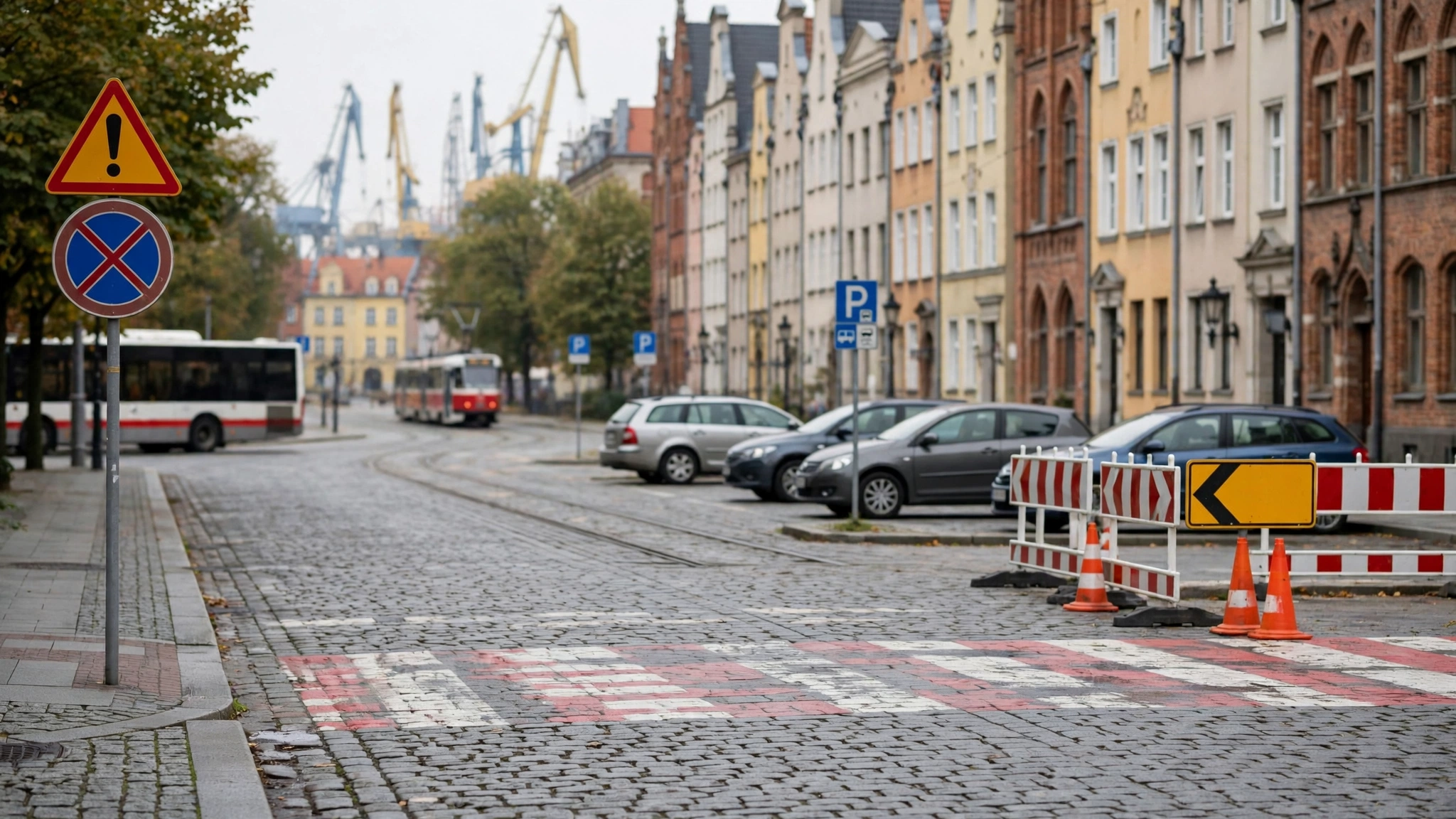 Kamienna kostka brukowa na ulicy w centrum Gdańska w pobliżu Targu Węglowego