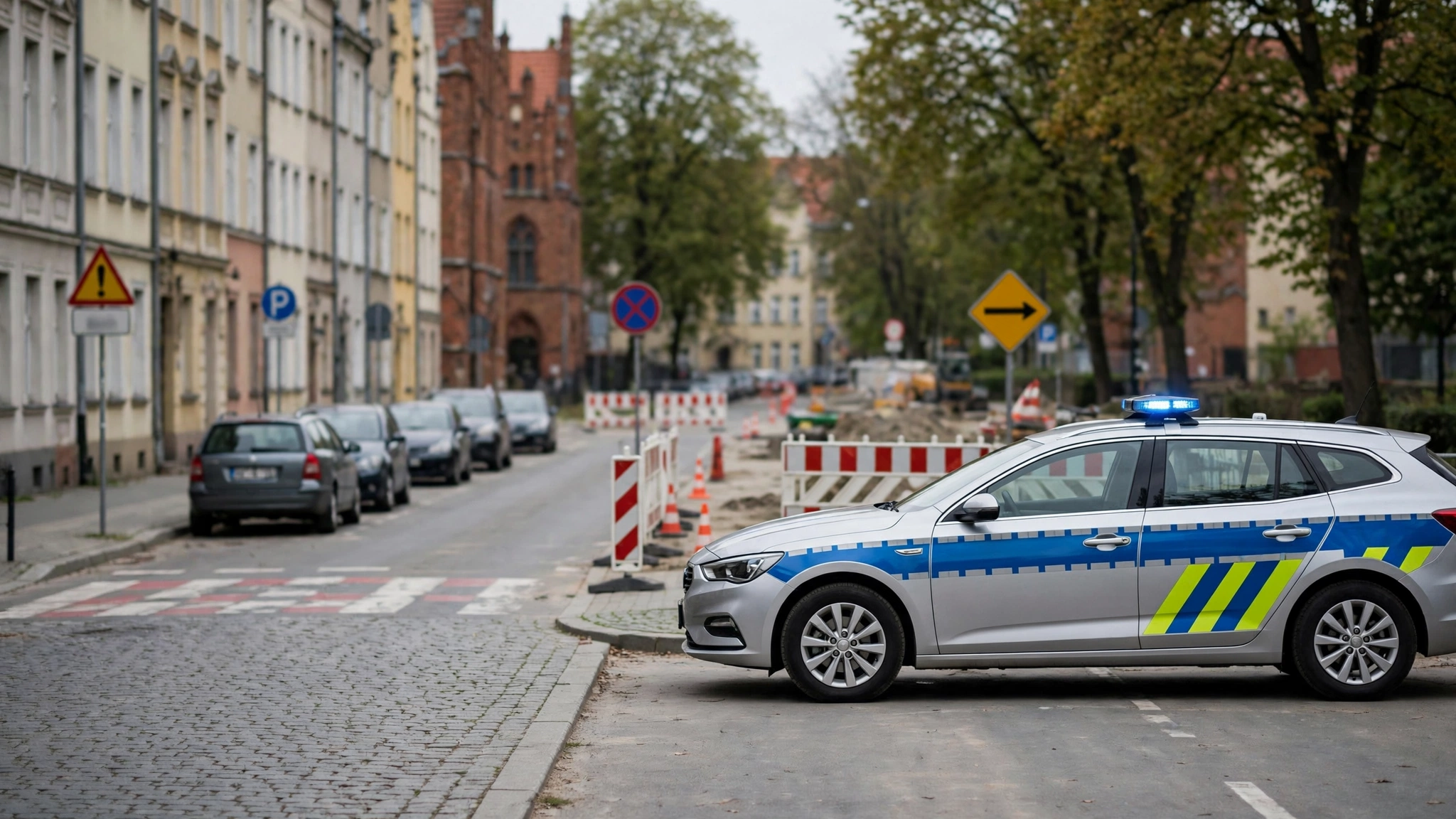 Radiowóz policyjny na gdańskiej ulicy w dzielnicy Orunia