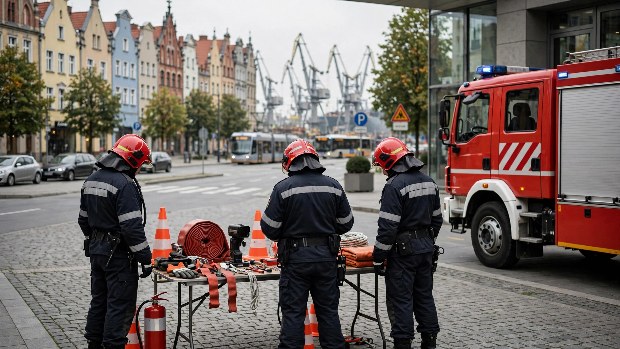Strażacy w hełmach i umundurowaniu podczas pokazu sprzętu przed galerią handlową w Gdańsku