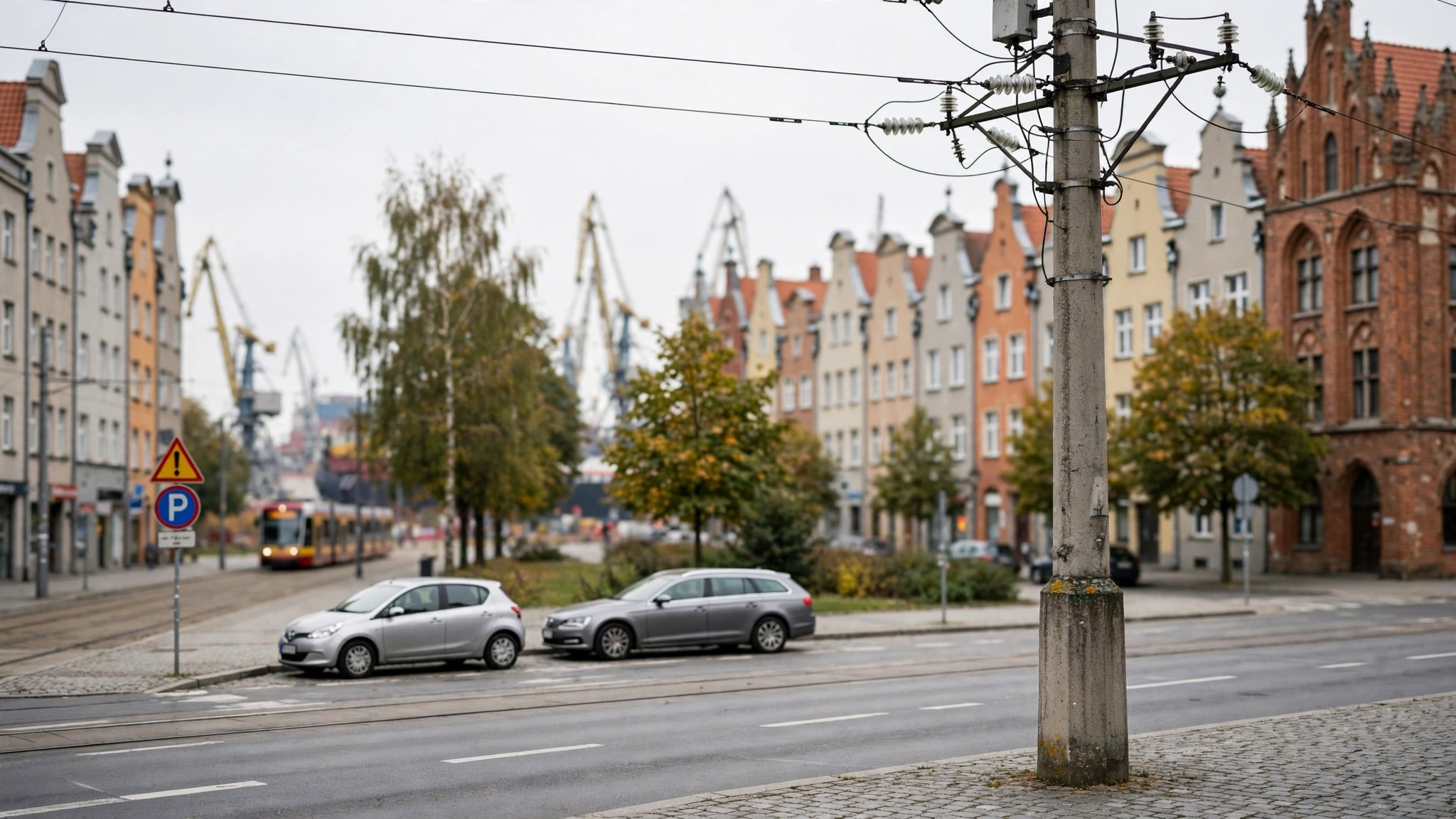 Słup energetyczny na tle miejskiej zabudowy w Gdańsku