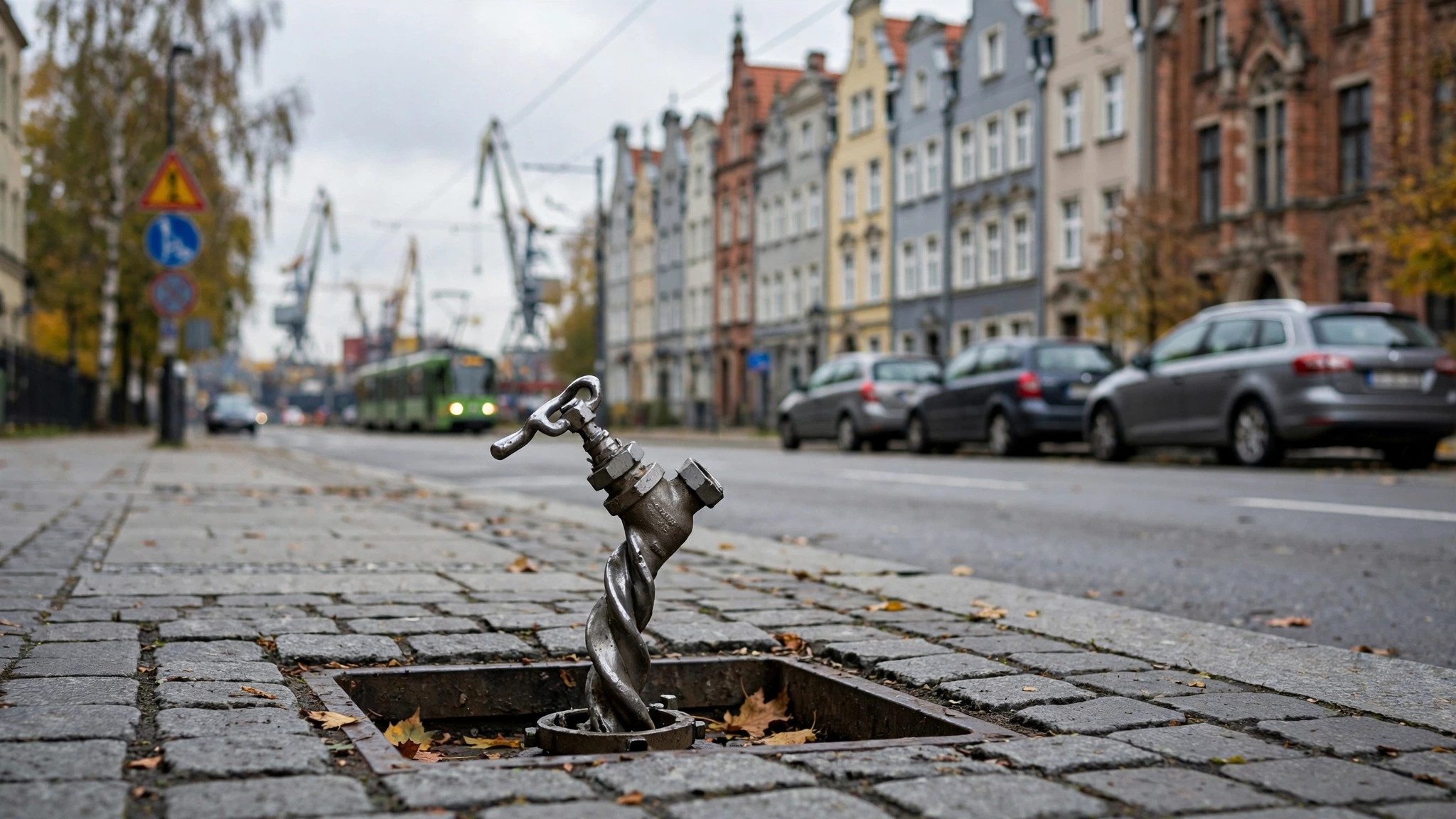Zakręcony zawór wodociągowy na chodniku w Gdańsku