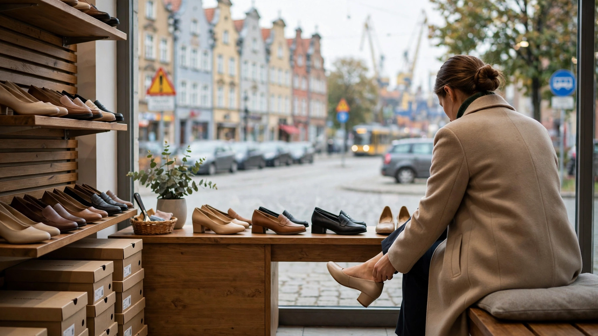 Kobieta przymierzająca buty na niskim obcasie w sklepie obuwniczym